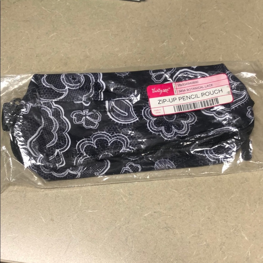 Black & White Thirty-One Botanical Lace Zip-Up Pencil Pouch